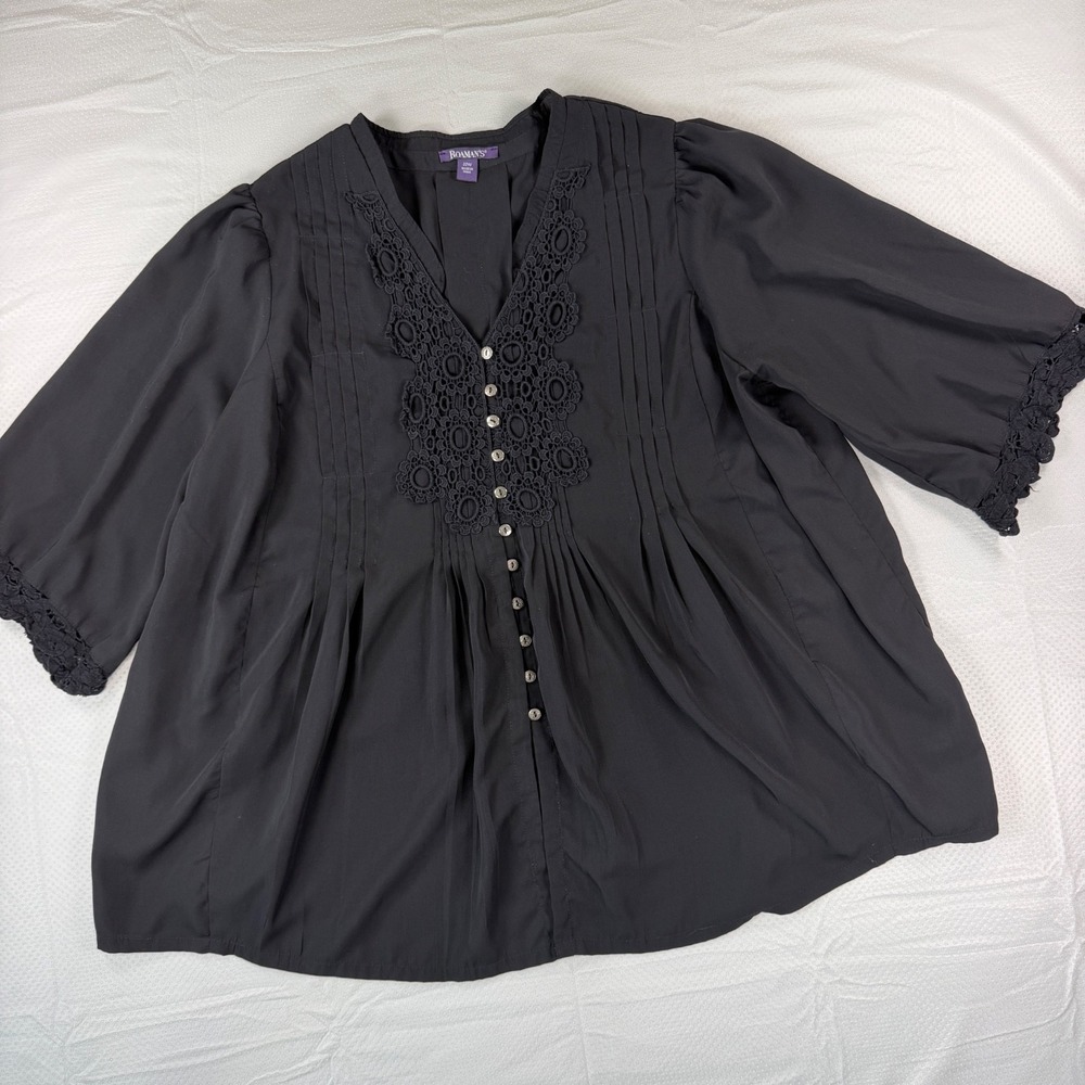 Roaman's 22W Black Lace Trim Pintuck V-Neck Button Front Tunic Blouse 3/4 Sleeve